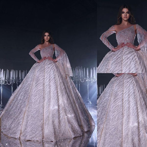 

exquisite beads wedding dress ball gown custom made shiny crystal lace floor length church bridal dresses, White