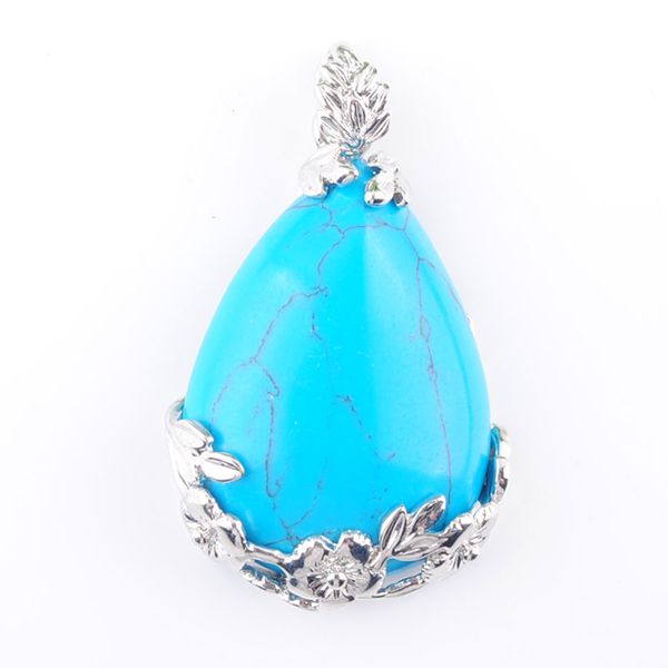 

natural gem stone pendant teardrop blue turquoise love beads reiki chakra healing pendant & necklace chain jewelry n3465, Silver