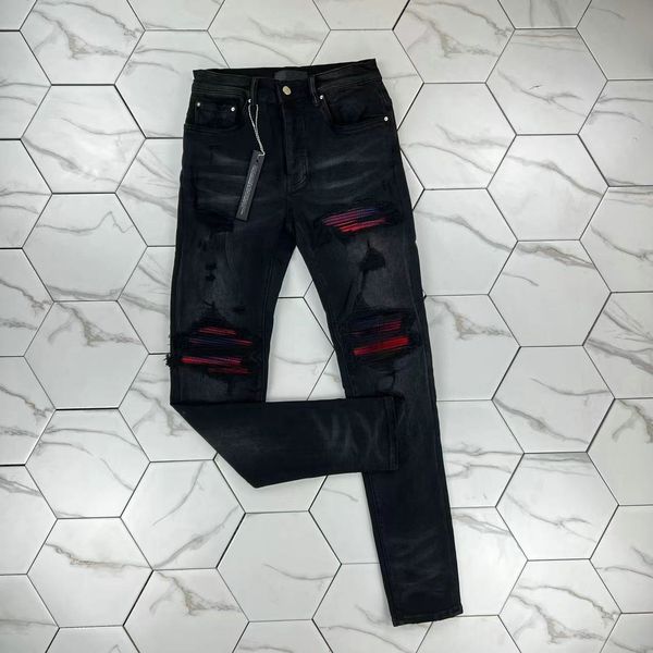 

hm597 mens jeans distressed motorcycle biker jean rock skinny slim ripped hole stripe fashionable snake embroidery denim pants, Blue
