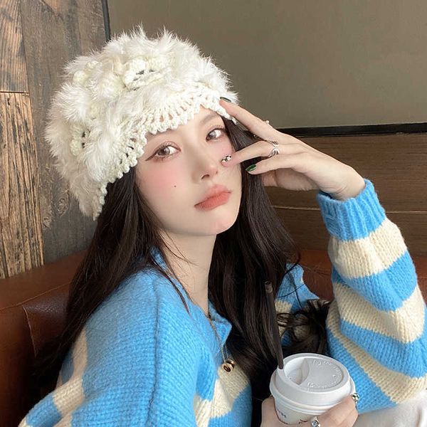 

hats stingy brim new rabbit hair for female students in winter sweet warm and fashionable women's cold knitted hat 1103, Blue;gray