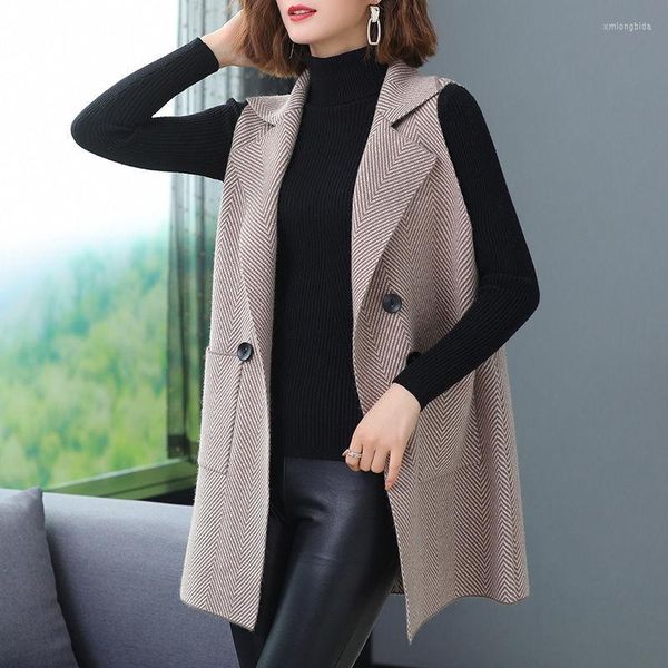 

women's vests chic stripe wool blend vest women elegant sleeveless jacket office lady korean fashion single breasted waistcoat vintage, Black;white