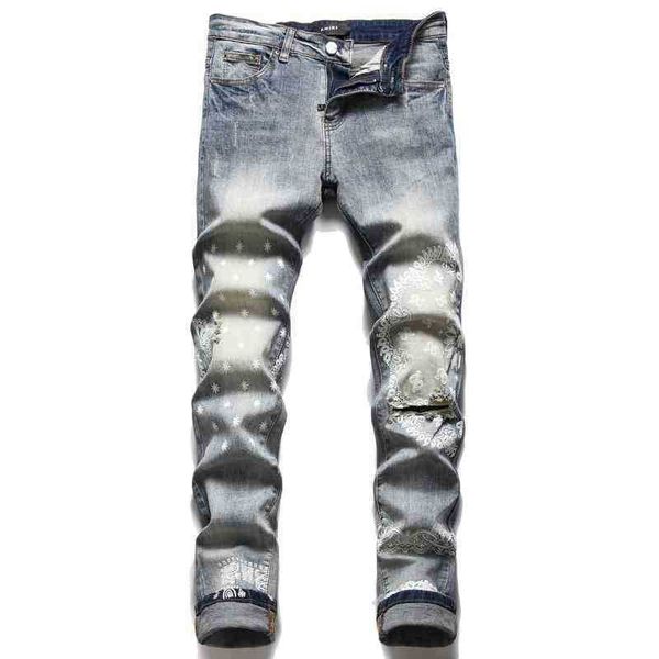 

amirs brand style blue hole print slim fit elastic small foot fashion trendy men's jeans
