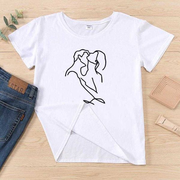 

couple kiss aesthetic t shirt simple abstract t-shirts women short sleeve, White