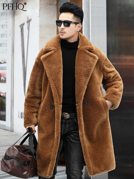 

men's fur faux fur pfhq autumn winter men's luxury imitation fur coat trendy casual trench fashion elegant long alpaca sheep-shorn, Black