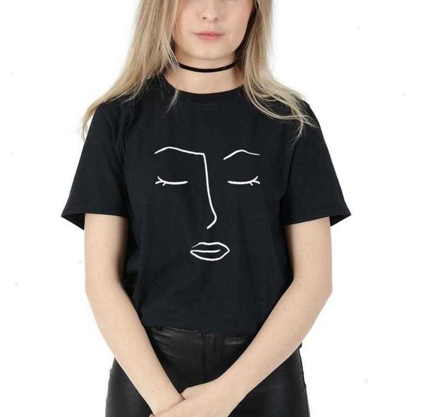 

line art face abstract tee women casual hipster funny t-shirt for lady yong girl, White