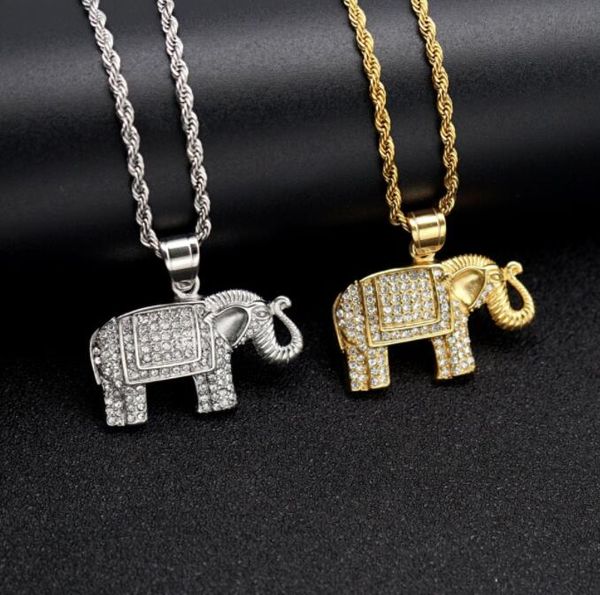 

hip hop necklaces rhinestones paved bling iced out stainless steel elephant mammoth pendants necklace for men jewelry gold silver color