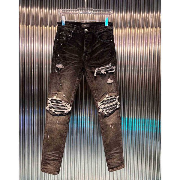 

new european and american high street amirs washed black classic hole patchwork ny slim legged jeans men, Blue