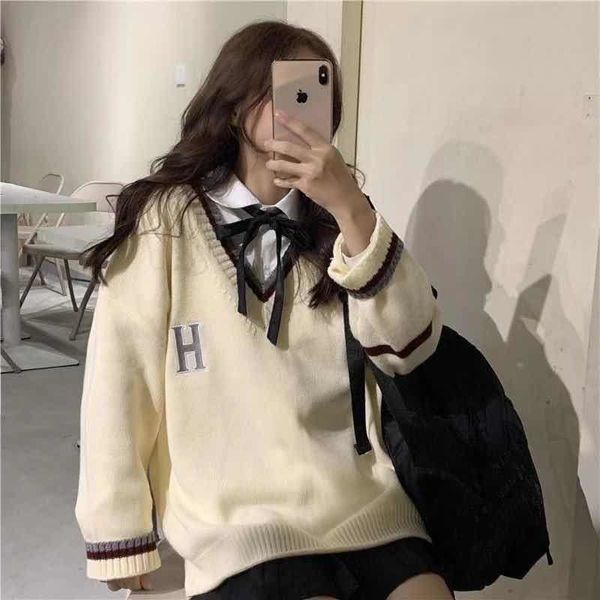 

pink japanese school uniform preppy style sweater women autumn new korean fashion loose simple v-neck casual, White;black