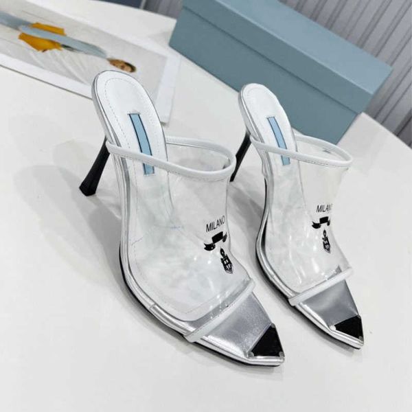 

2021 plexiglas high-heel slides sandals womens heels shoes luxury letter print transparent pvc summer enameled metal triangle 10cm, Black