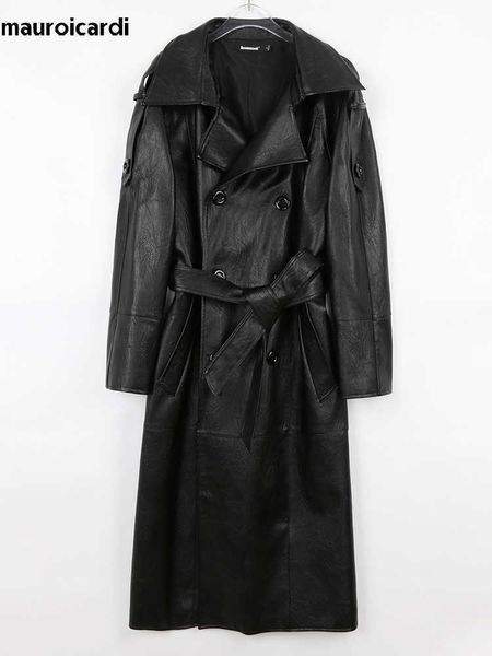 

men's leather faux leather mauroicardi spring autumn cool waterproof long black faux leather trench coat men sashes raglan sleeve europ