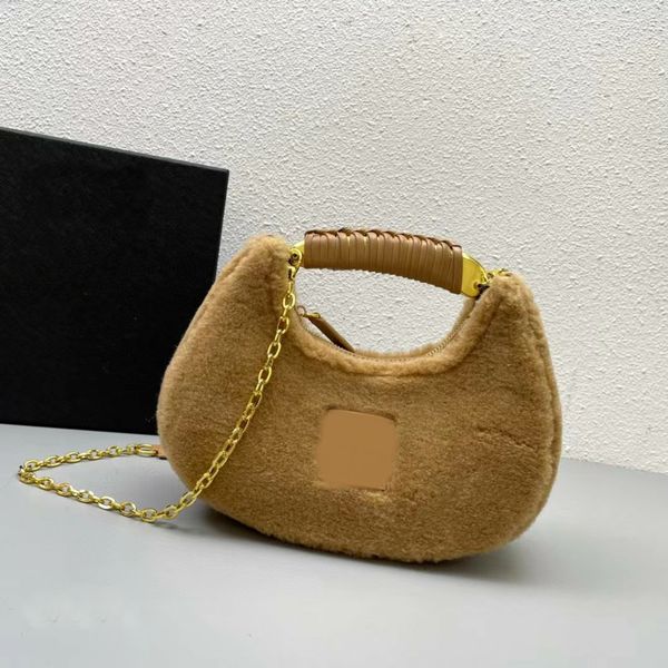 

christmas designer shearling bianca mini hobo bags 2022 winter cashmere shoulder bags gold tone metal handle chain half moon handbags lamb w