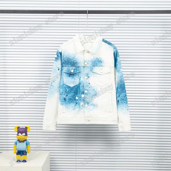 

xinxinbuy men designer coat jacket denim starry sky gradient print cotton long sleeve women gray black white m-2xl, Black;brown