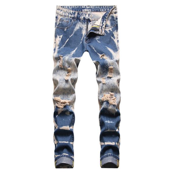 

men's men's jeans tie and dye ripped denim jeans streetwear holes destroyed washed pants straight trousers t221102, Blue
