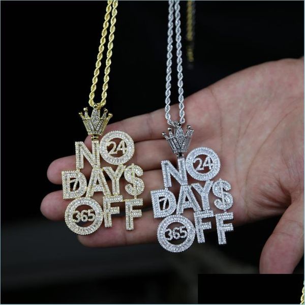 

chains chains iced out bling cz letters pendant necklace no days off paved cubic zircon crown shape mens fashion hip hop jewelry dro dhw5x, Silver