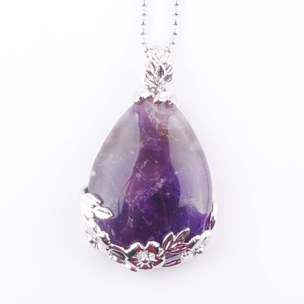 

natural gem stone pendant teardrop amethyst love beads reiki chakra healing pendant & necklace chain jewelry n3471, Silver