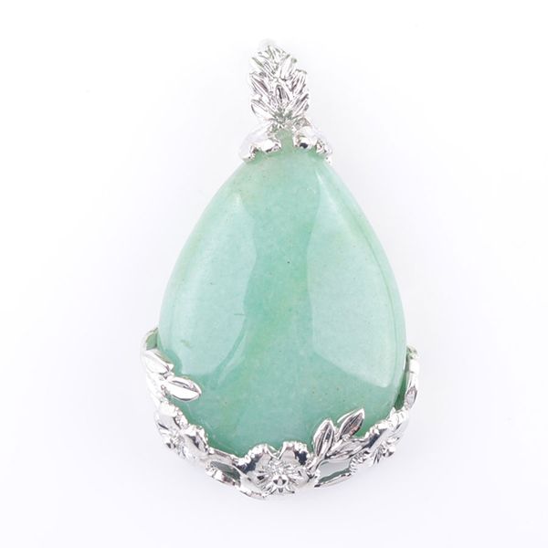 

natural gem stone pendant teardrop aventurine love beads reiki chakra healing pendant & necklace chain jewelry n3467, Silver