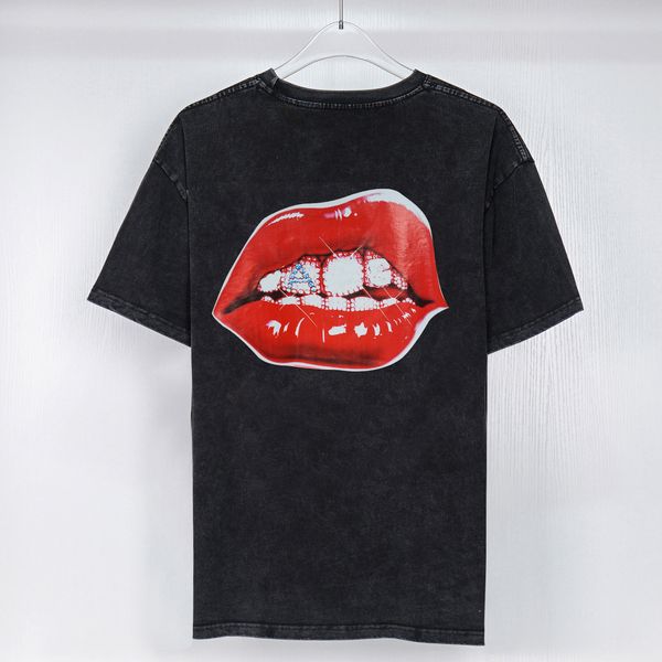 

designer funny wash mouth open graphic t shirts tee with stones short sleeve casual hip hop shirts black washed men size s-xxl, White;black