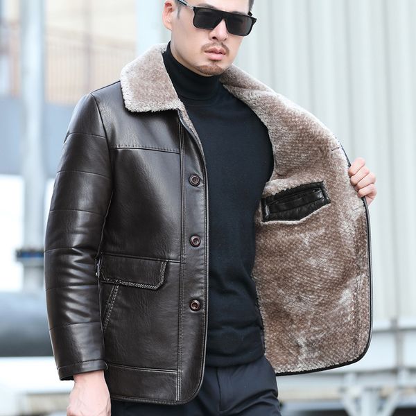 

men's fur natural leather autumn and winter sheepskin casual lapel mid length business leather down jacket plus size, Black