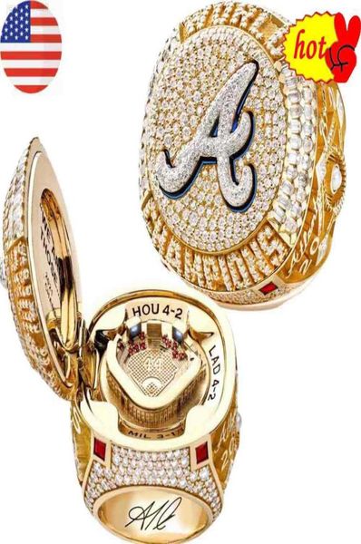 

6 player name soler man albies 2021 2022 world series baseball braves team championship ring with wooden display box souvenir 2907343, Golden;silver