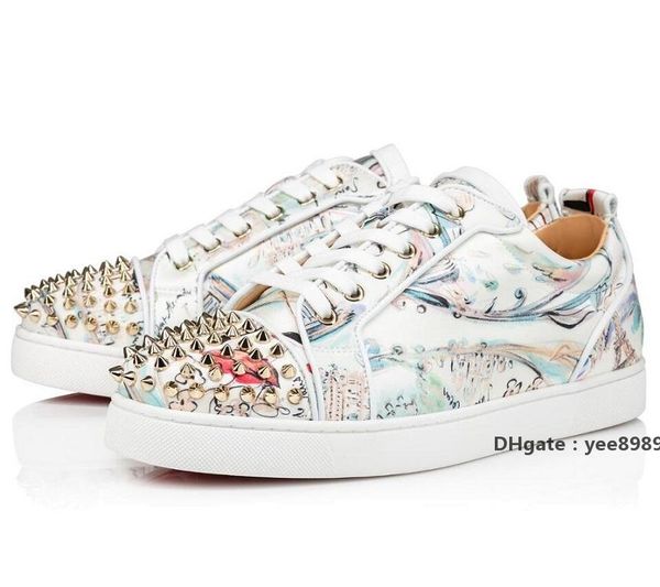 

red-bottoms shoes christians luxury white graffiti leather spikes junior men's casual flat elegant brand red sneakers shoes perfe dzs, Black