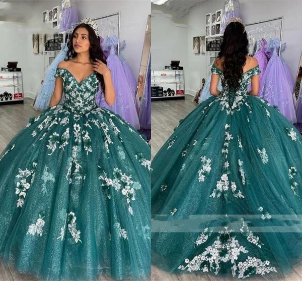 

emerald green tulle quinceanera dresses a-line 2023 ivory lace floral applique hand made flowers beads off the shoulder sweet 16 dress prom, Blue;red