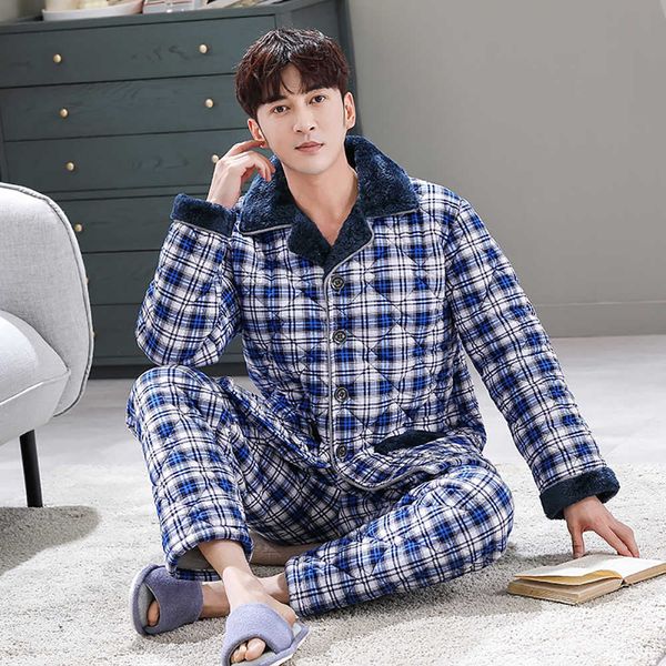 

men's sleepwear men's winter pajamas sets 3-layer thicken flannel warm sleepwear casual plaid pajama pyjamas for men soft pigma sl, Black;brown
