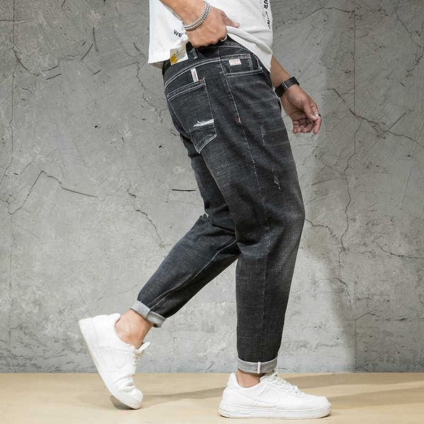 

spring and summer new large jeans men's fashion back worn loose fat little leggings, Blue
