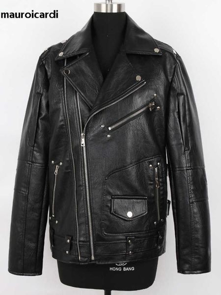 

men's leather faux leather mauroicardi spring autumn black pu leather biker jacket for men style 2022 long sleeve zipper plus size fash