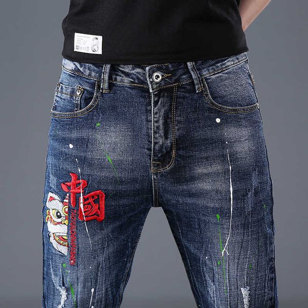 

pants men's casual jeans spring and autumn stretch comfortable chinese style slim fit trend, Blue