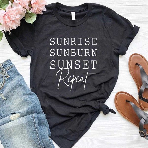 

sunrise sunburn sunset repeat women casual hipster funny t-shirt for lady, White