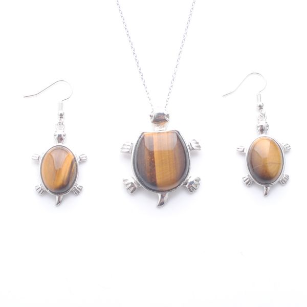 

jewelry sets dangle earring for lady anniversary gift natural stone tiger's eye tortoise pendant silver plated chain 45cm q3100
