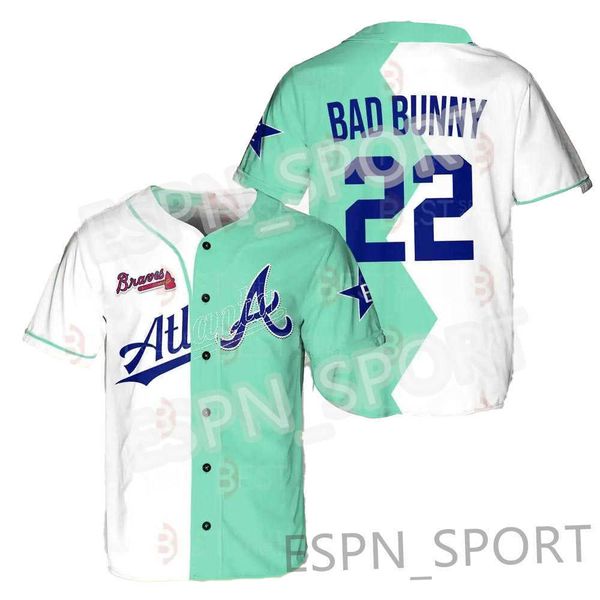 

22 bad bunny 2022 all stars split jersey braves baseball jerseys atlanta men women youth, Blue;black
