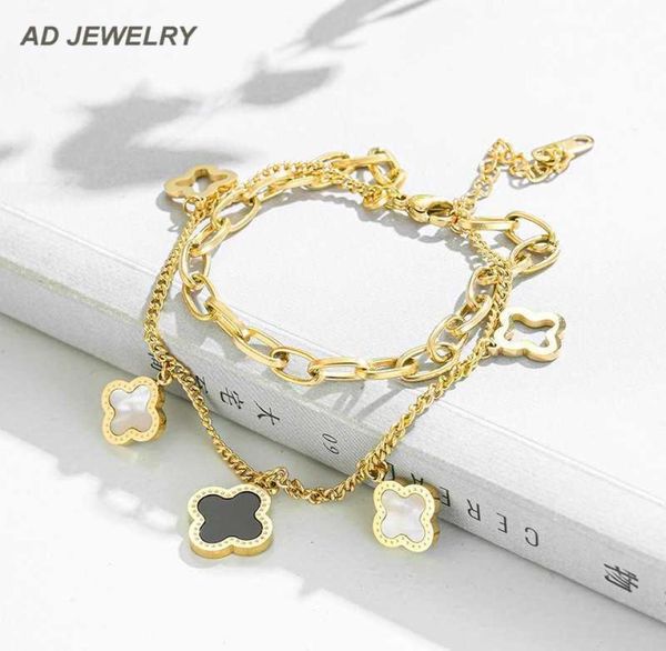 

pretty double layered openwork stainless steel clover charm bracelet lucky four leaf women jewelry4630408, Golden;silver