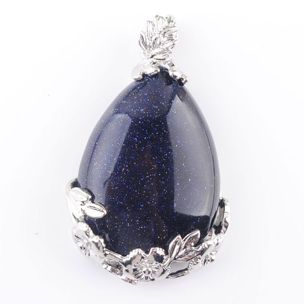 

natural gem stone pendant teardrop blue sand love beads reiki chakra healing pendant & necklace chain jewelry n3472, Silver