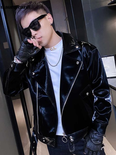 

men's leather faux leather mauroicardi spring autumn cool black shiny reflective patent pu leather biker jacket men belt zipper plus si