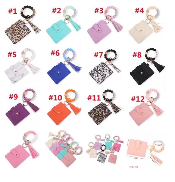 

dhl fashion pu leather bracelet wallet keychain party favor tassels bangle key ring holder card bag silicone beaded wristlet keychains handb