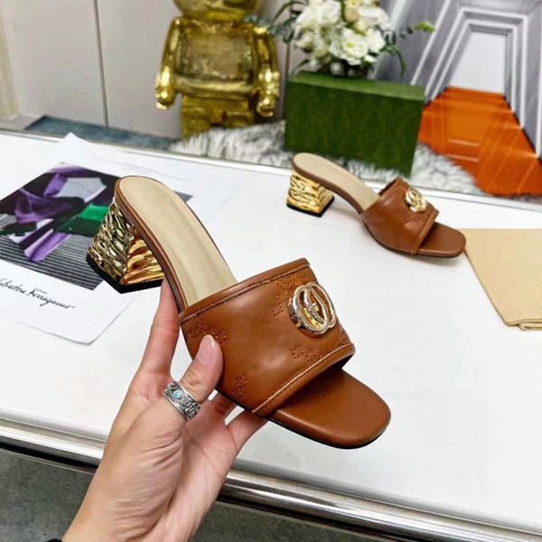 

65s 65s slippers luxury women's mid-heel slippers designer leather fashion black embroidery 6cm thick heel double-button sandal box siz