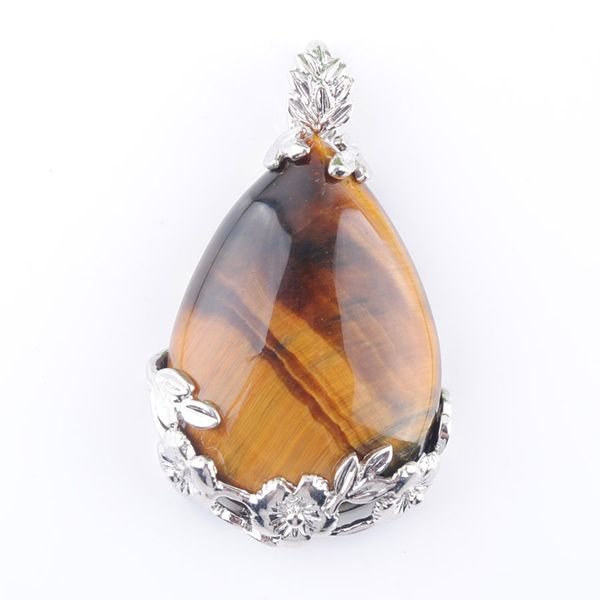 

natural gem stone pendant teardrop tiger's eye love beads reiki chakra healing pendant & necklace chain jewelry n3462, Silver