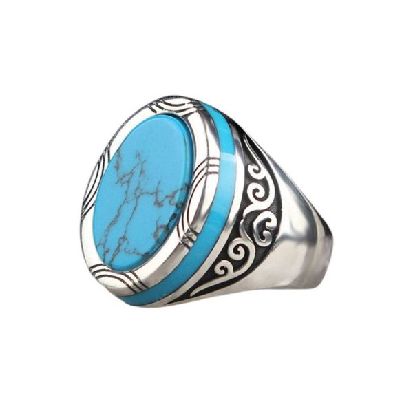 

solitaire personality rings retro punk european and american gemstone turquoise men's ring, Golden;silver