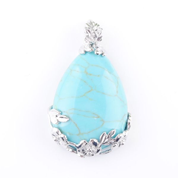 

natural gem stone pendant teardrop turquoise love beads reiki chakra healing pendant & necklace chain jewelry n3463, Silver