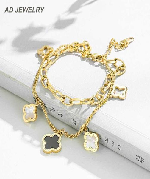 

pretty double layered openwork stainless steel clover charm bracelet lucky four leaf women jewelry2294770, Golden;silver