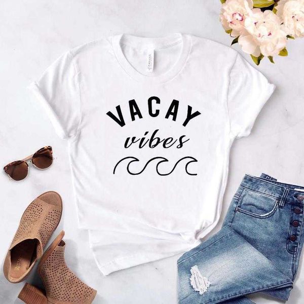 

vacay vibes wave print women womens t shirt casual funny for lady girl tee, White