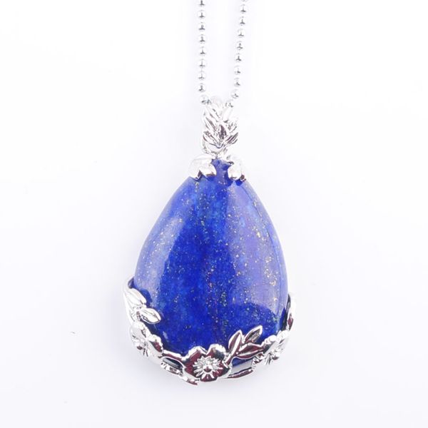 

natural gem stone pendant teardrop lapis lazuli love beads reiki chakra healing pendant & necklace chain jewelry n3473, Silver