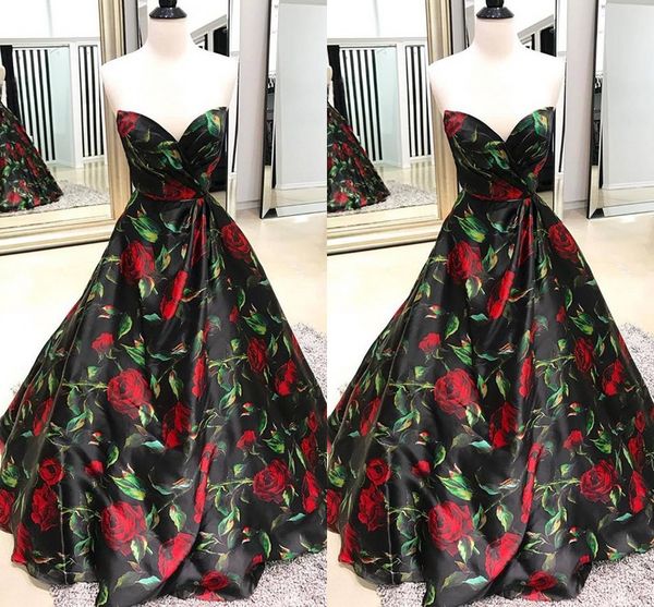 

2023 expensive printed flowers satin formal dresses evening special occasion pleated sweetheart open back prom party dress a-line, Black;red