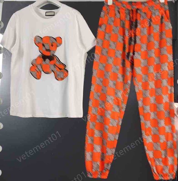 

womens two piece pants chest bear graphic print fashion brand t-shirt pants 2 piece sets luxury designer tracksuits women clothing, White