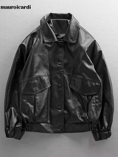 

men's leather faux leather mauroicardi spring autumn loose black soft faux leather jacket men style long sleeve pockets oversized men l