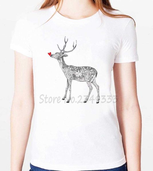 

christmas deer print women modal casual loose funny t shirts for lady tee, White