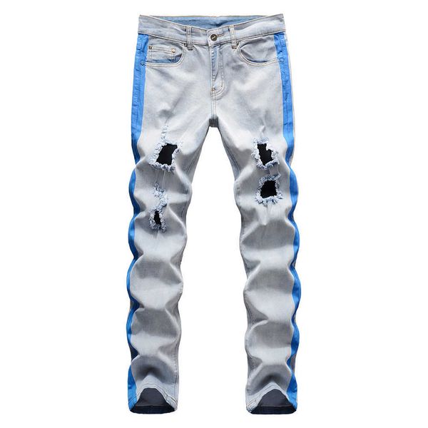 

men's jeans men's stretch denim ripped jeans stripe lines printed holes distressed slim straight pants trousers t221102, Blue