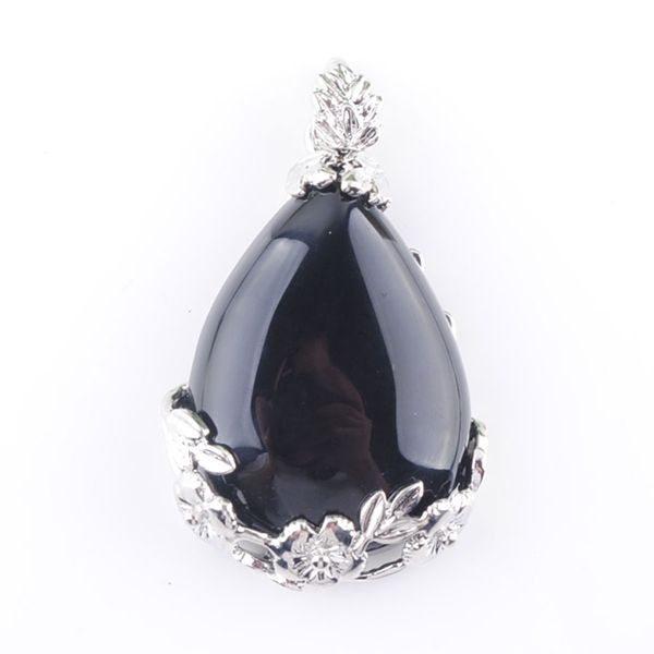 

natural gem stone pendant teardrop black agate love beads reiki chakra healing pendant & necklace chain jewelry n3474, Silver