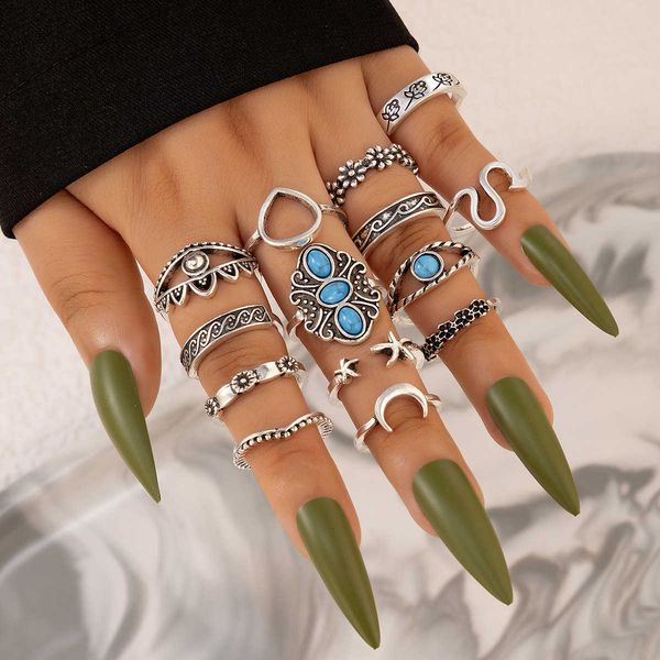 

new carved turquoise ring set geometric moon flower 14 piece ring set, Silver